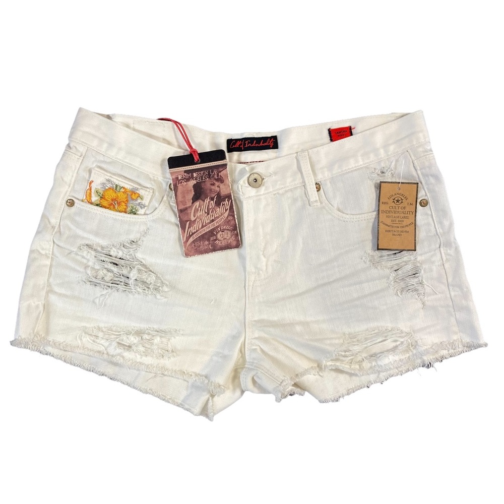 Cult of Individuality Women's Tantra Distressed Floral White Denim Shorts